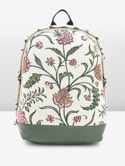 PRIMROSE Floral Canvas Backpack with Pink Flowers and Green Leaves, Cream Base, Black Straps