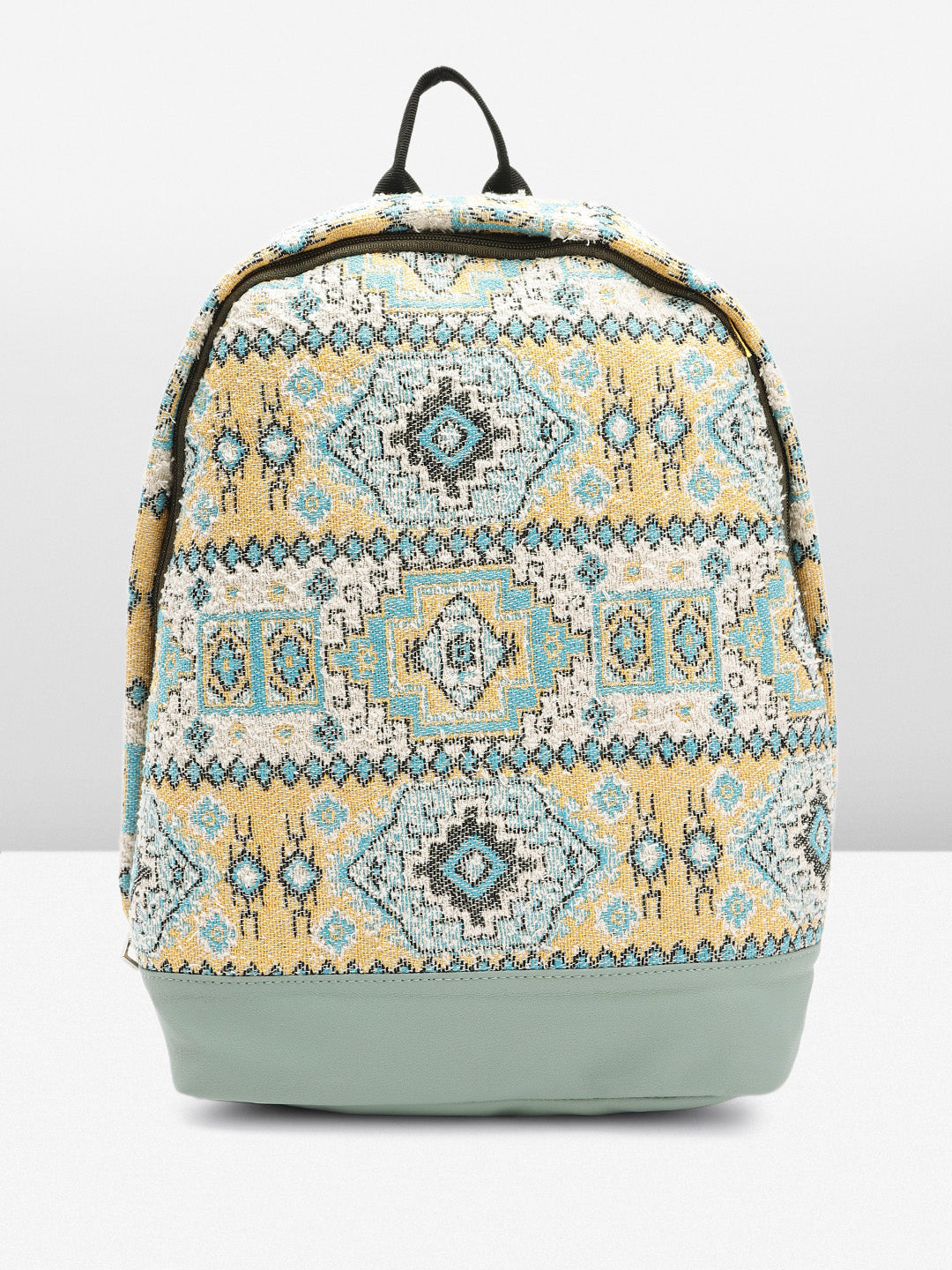 PRIMROSE Bohemian Canvas Backpack, Aztec Pattern Design, Blue and Beige with Grey Base