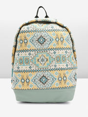 PRIMROSE Bohemian Canvas Backpack, Aztec Pattern Design, Blue and Beige with Grey Base