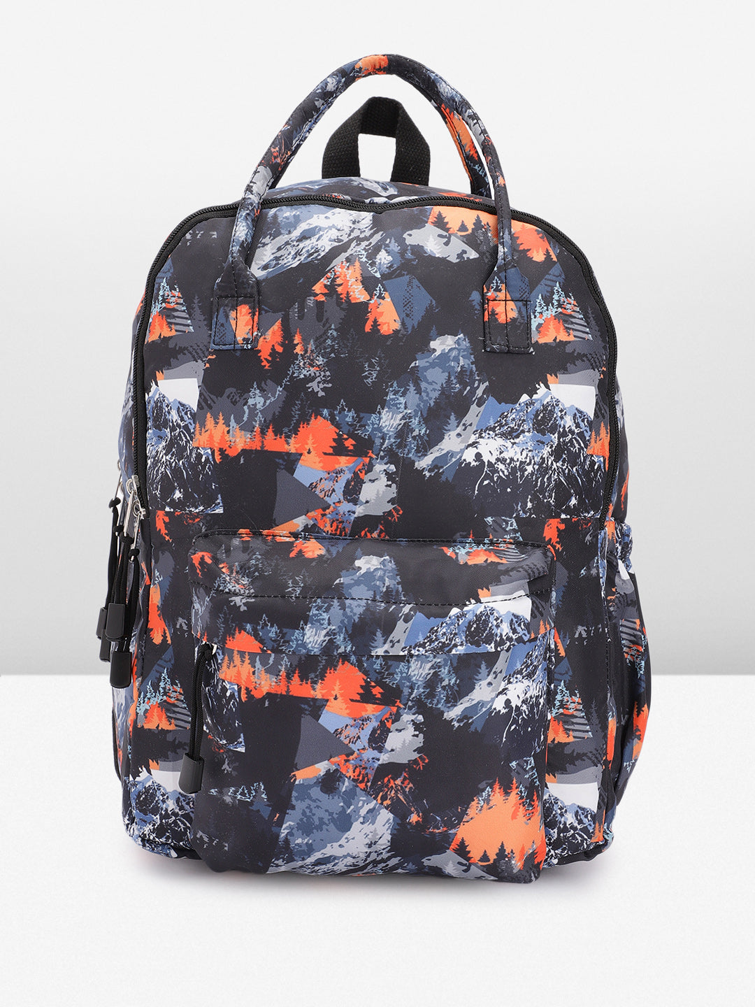 RIMROCK Mountain Print Backpack with Multiple Compartments, Blue and Orange Snow Pattern Design