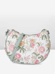 Floral Print Crossbody Handbag, Mint Green Trim, White Canvas with Pink Roses