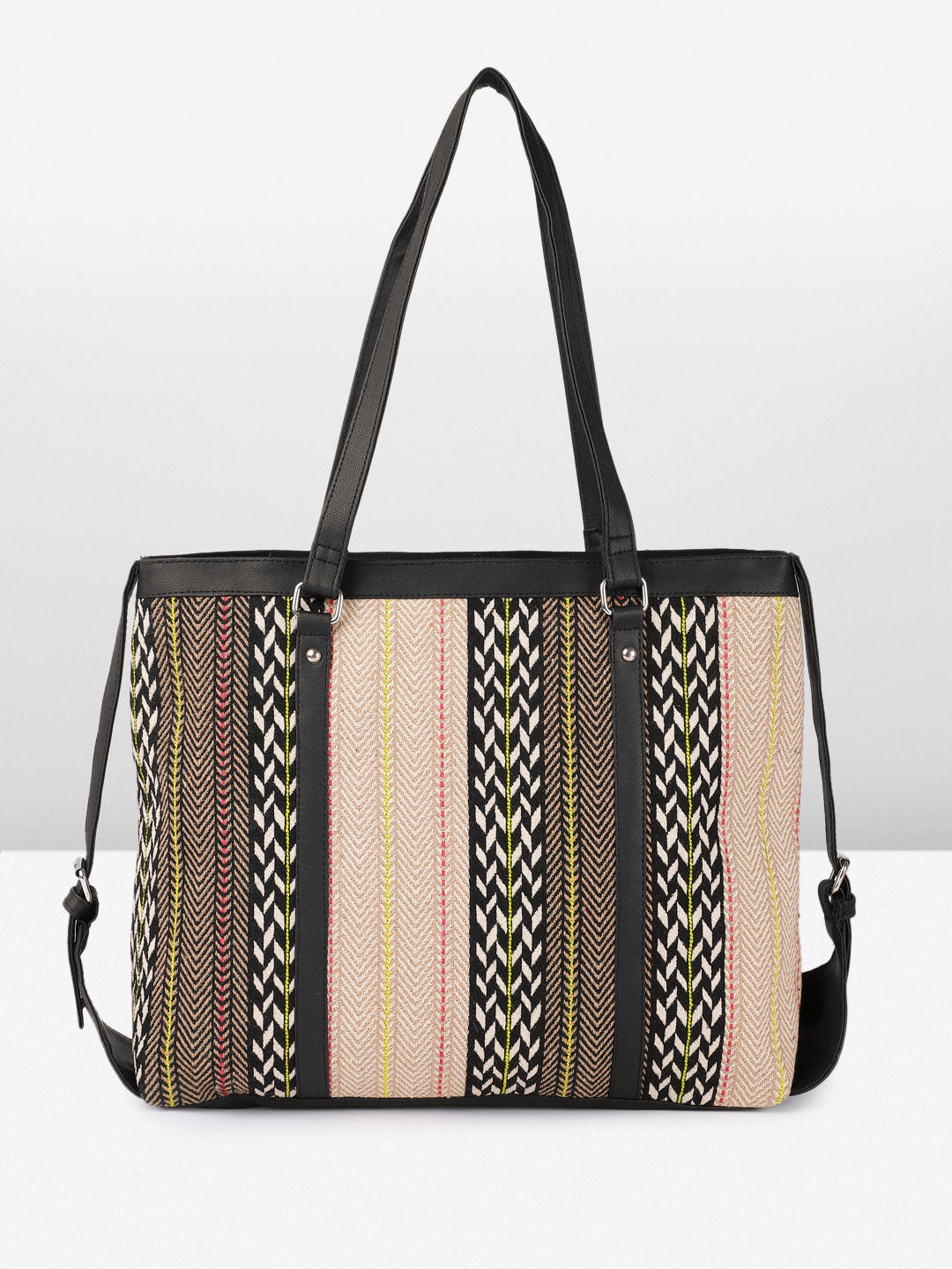 PRIMROSE Women's Stylish Tote Bag, Chevron Pattern with Black Trim, Multi-Colour Stripes