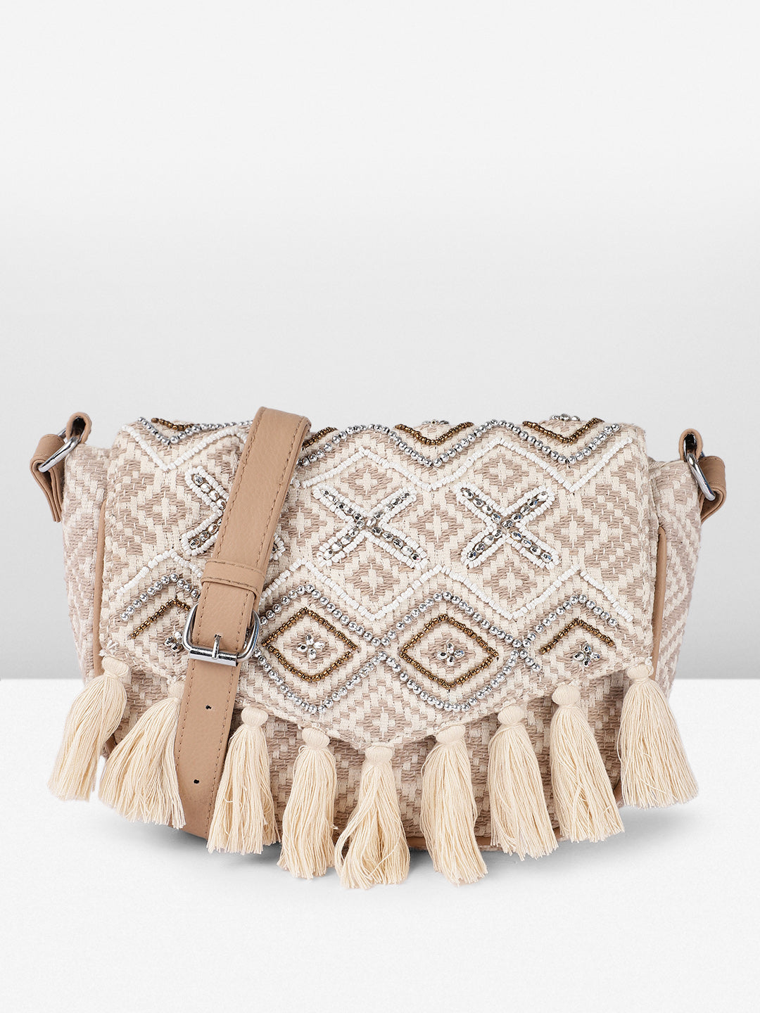 PRIMROSE Bohemian Crossbody Handbag with Crystal Embellishments, Woven Pattern, Cream Tassels