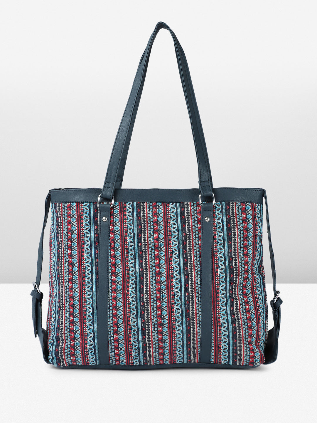PRIMROSE Boho Tribal Print Tote Bag, Navy Blue with Red and Turquoise Pattern, Double Shoulder Straps