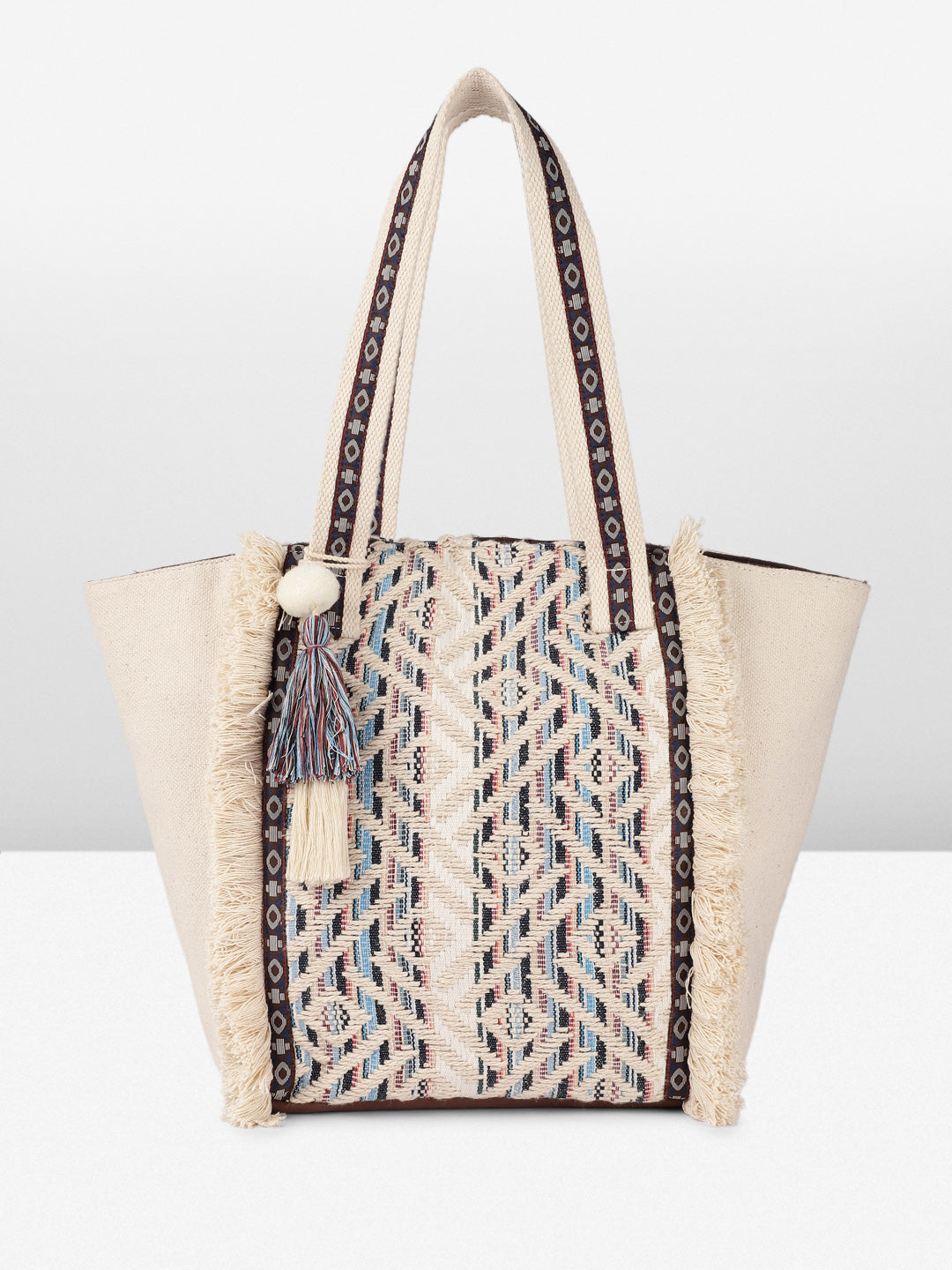 PRIMROSE Bohemian Canvas Tote Bag, Geometric Pattern, Fringe Tassel Detail, Cream and Blue