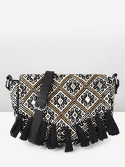 PRIMROSE Geometric Jacquard Cotton Sling Bag, Beige with Black Tassels