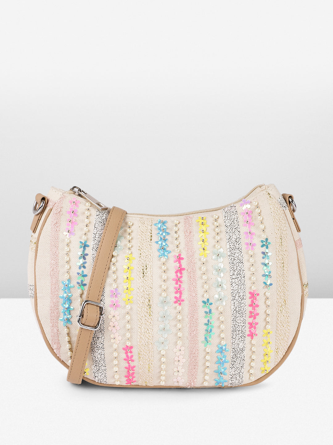 PRIMROSE Ladies Floral Crossbody Bag, Beige Canvas with Pastel Embellishments