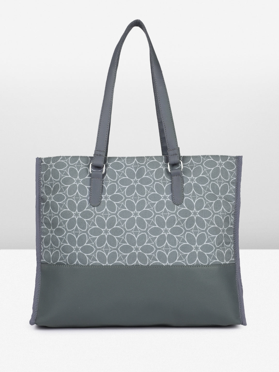 PRIMROSE Floral Pattern Canvas Tote Bag, Grey and White, Double Handle Shoulder Straps