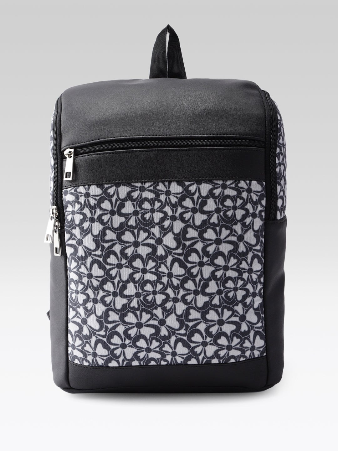 PRIMROSE Floral Pattern Backpack, Black and Grey, Multiple Zipper Compartments, Fashion Daypack