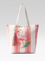 PRIMROSE Canvas Beach Tote Bag with Flamingo Design, Pink and White Stripes, Decorative Tassel
