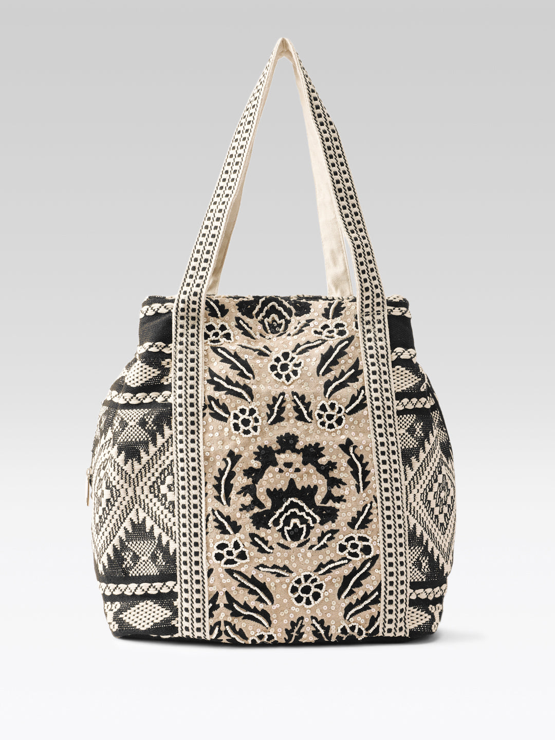 PRIMROSE Floral Pattern Canvas Tote Bag, Beige and Black, Geometric Print Straps
