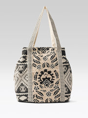 PRIMROSE Floral Pattern Canvas Tote Bag, Beige and Black, Geometric Print Straps