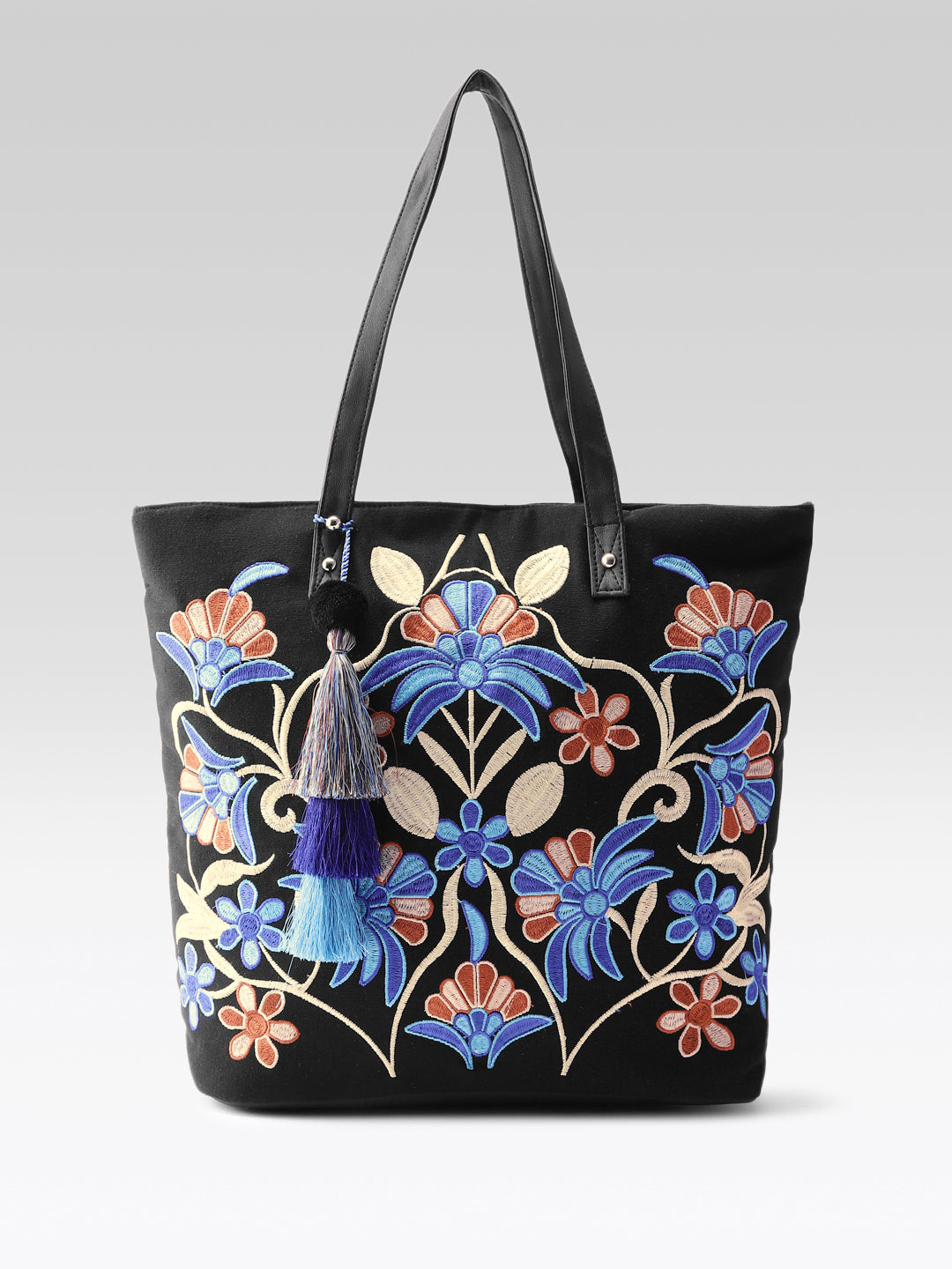 PRIMROSE Embroidered Floral Tote Bag with Tassel, Black Canvas with Blue and Coral Design, Large Shoulder Bag