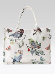 PRIMROSE Decorative Canvas Tote Bag with Birds and Butterflies Print, White Background