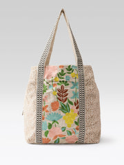 PRIMROSE Floral Embroidered Canvas Tote Bag, Beige with Lace Trim, Multi-Colour Botanical Pattern