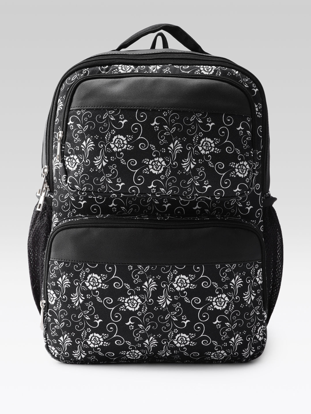 PRIMROSE Floral Pattern Backpack with Multiple Compartments, Black and White Design