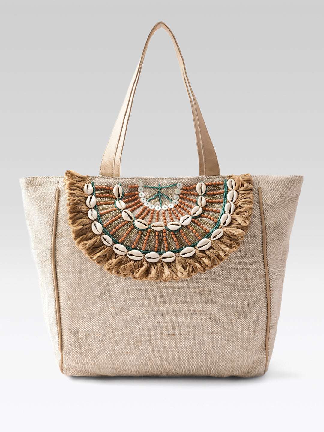 PRIMROSE Boho Beach Tote Bag, Canvas with Shell Embellishments, Fringe Detail, Natural Beige