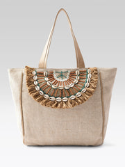PRIMROSE Boho Beach Tote Bag, Canvas with Shell Embellishments, Fringe Detail, Natural Beige