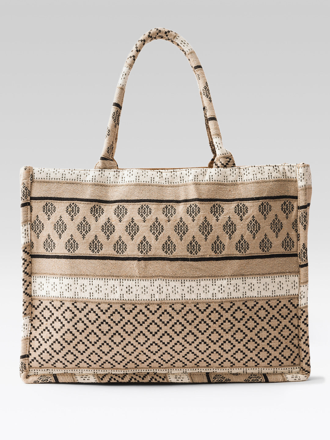 PRIMROSE Boho Canvas Tote Bag, Geometric Pattern, Brown Large Casual Shopping Handbag