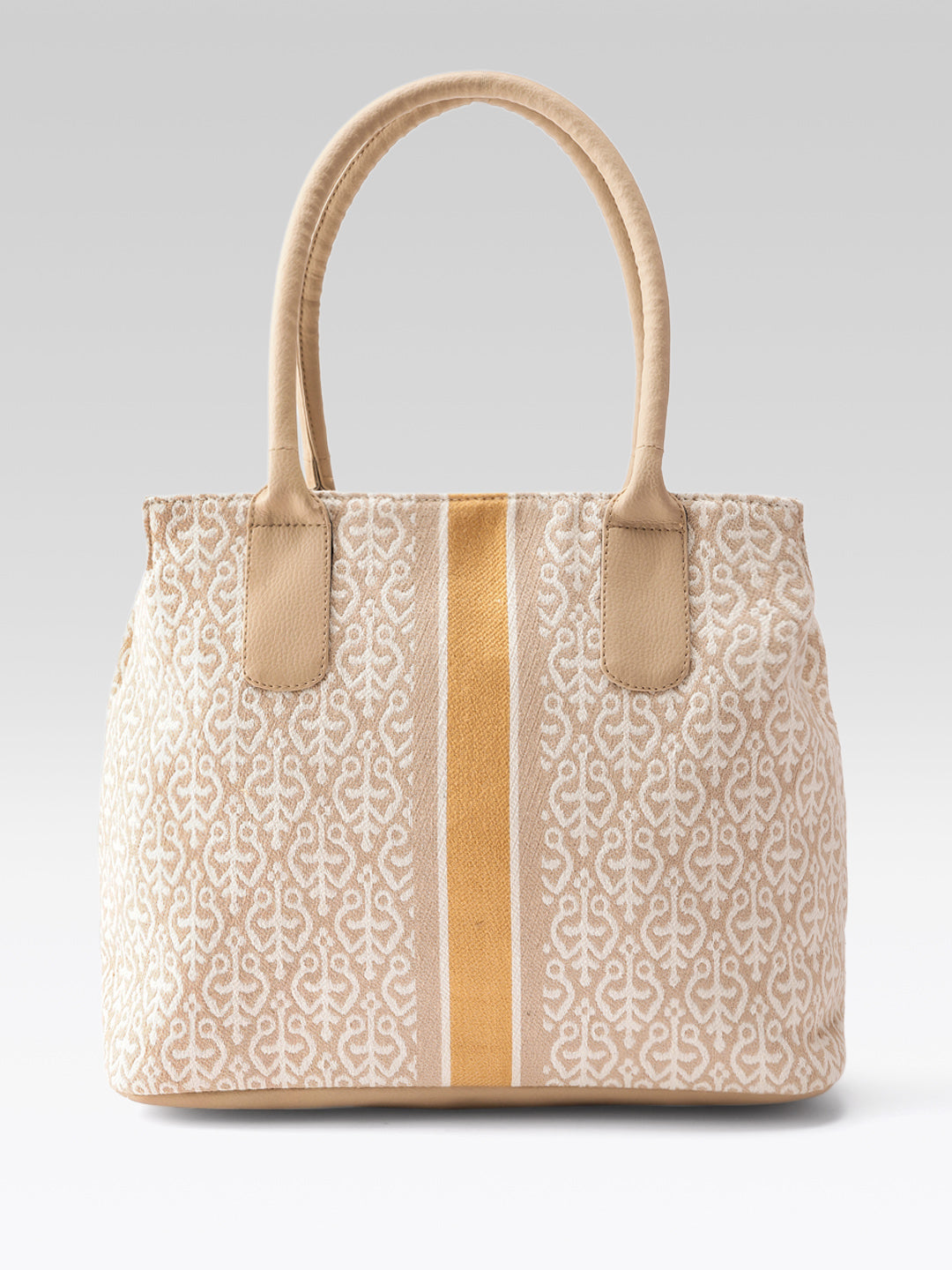 PRIMROSE Ladies Jacquard Tote Bag with Gold Stripe, Beige and White Pattern, Double Handle