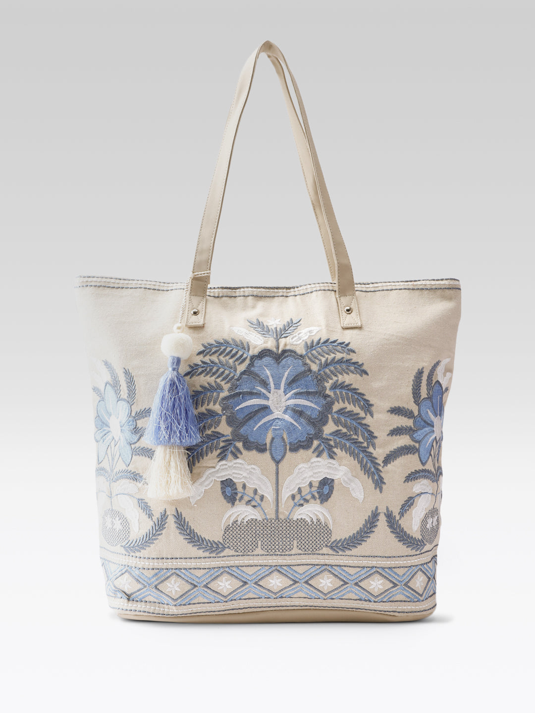 PRIMROSE Embroidered Canvas Tote Bag with Blue Floral Design, Decorative Tassels, Cream Colour