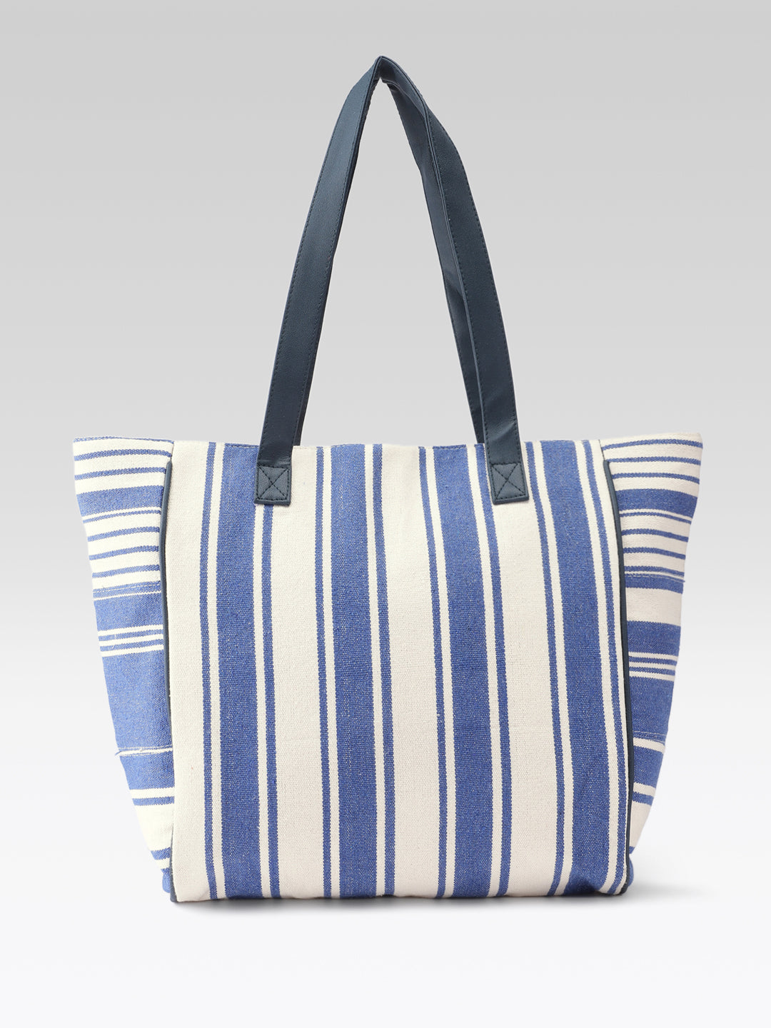 PRIMROSE Striped Tote Bag, Blue and Cream, Canvas Material, Patchwork Design, Shoulder Bag