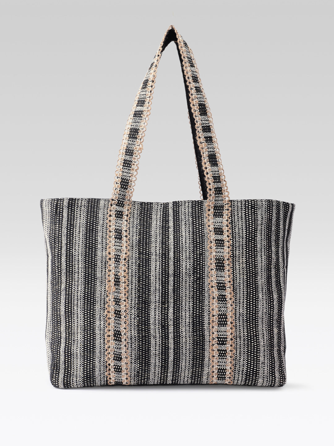 PRIMROSE Woven Striped Tote Bag, Black, Braided Handles
