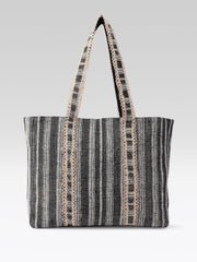 PRIMROSE Woven Striped Tote Bag, Black, Braided Handles