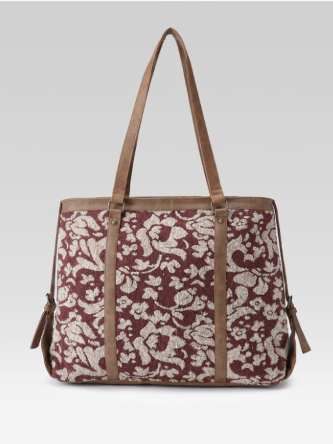 PRIMROSE Floral Tote Bag, Burgundy and Cream, Zip Closure, Spacious Shoulder Bag