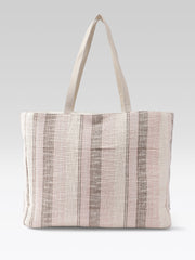 PRIMROSE Striped Tote Bag with Floral Embellishment, Beige, Jacquard, Shoulder Bag, Embroidered Design