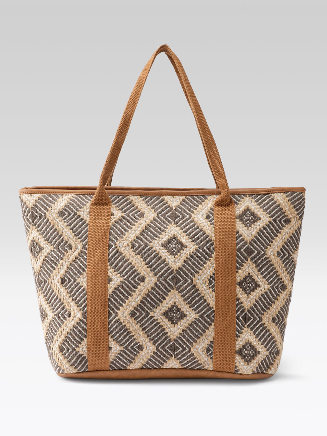 PRIMROSE Woven Tote Bag, Geometric Pattern, Brown and Beige