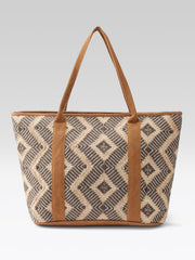 PRIMROSE Woven Tote Bag, Geometric Pattern, Brown and Beige