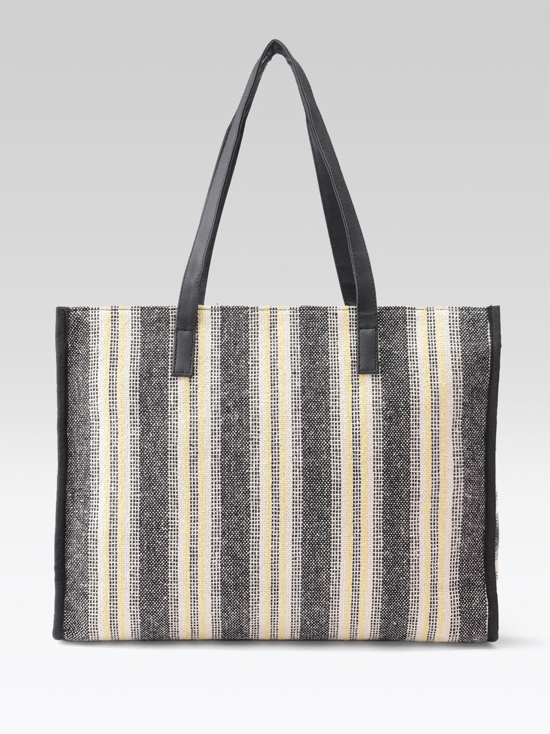 PRIMROSE Striped Tote Bag, Black White Yellow, Woven Pattern