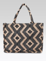 PRIMROSE Jute Tote Bag, Black and Natural Diamond Pattern, Handwoven
