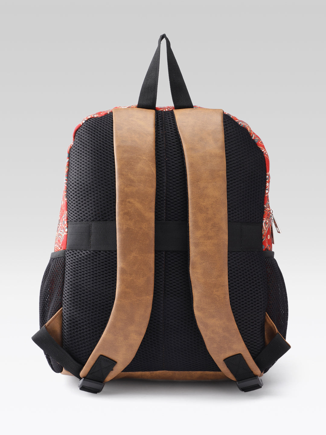 PRIMROSE Paisley Print Backpack, Red, Canvas with Suede Accent, Black Straps, Side Pockets