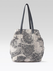 PRIMROSE Woven Tote Bag with Colorful Geometric Pattern, Tassel Detail (Blue and Beige)