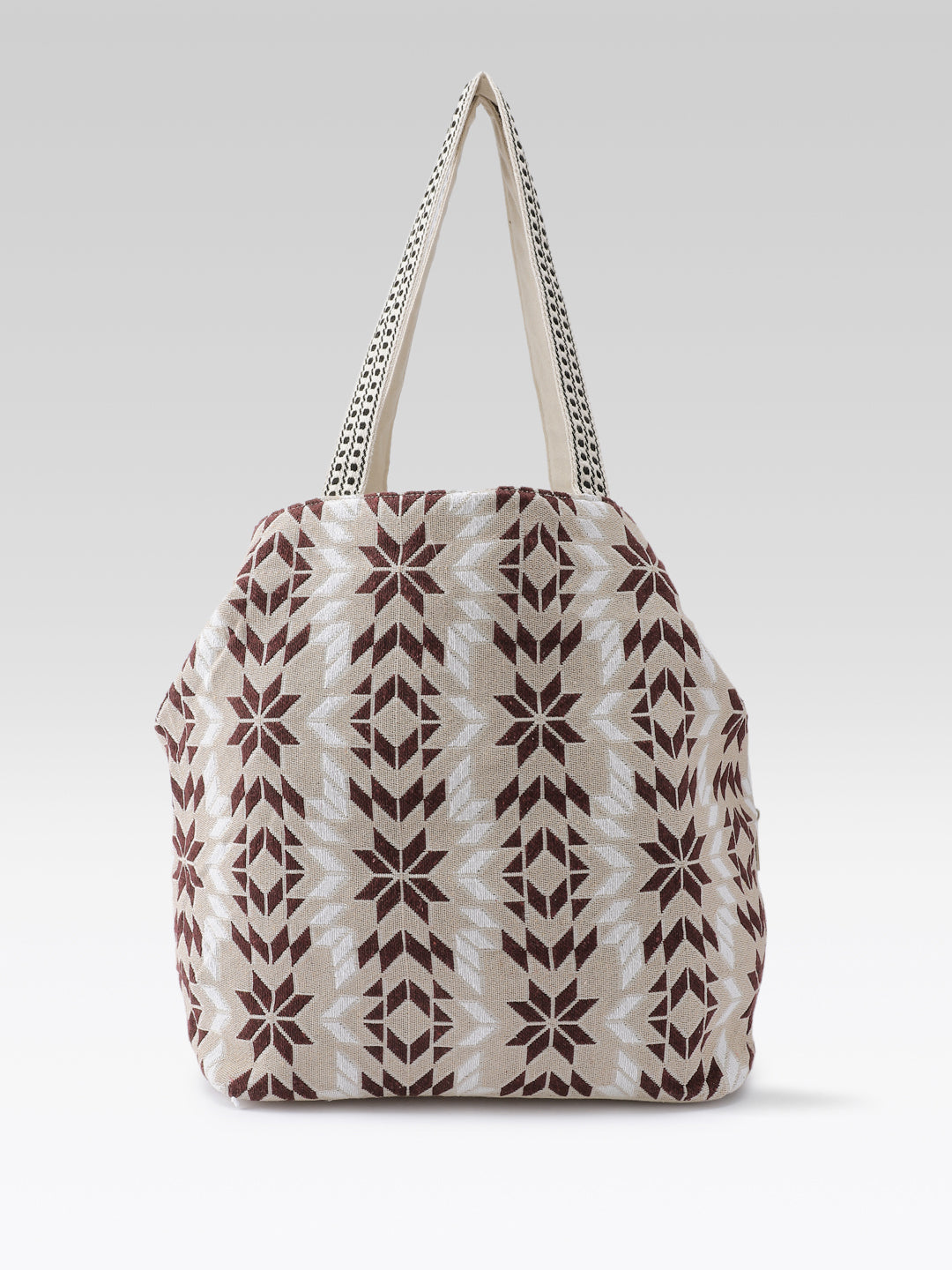 PRIMROSE Embroidered Tote Bag, Beige Brown White, Shoulder Bag with Decorative Straps