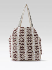 PRIMROSE Embroidered Tote Bag, Beige Brown White, Shoulder Bag with Decorative Straps