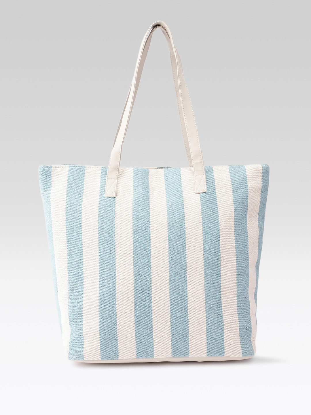 PRIMROSE Striped Tote Bag with Tassel, Blue and Cream, Cotton Material, Shoulder Bag with Beige Handles
