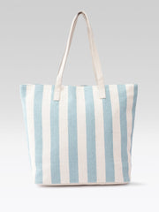 PRIMROSE Striped Tote Bag with Tassel, Blue and Cream, Cotton Material, Shoulder Bag with Beige Handles
