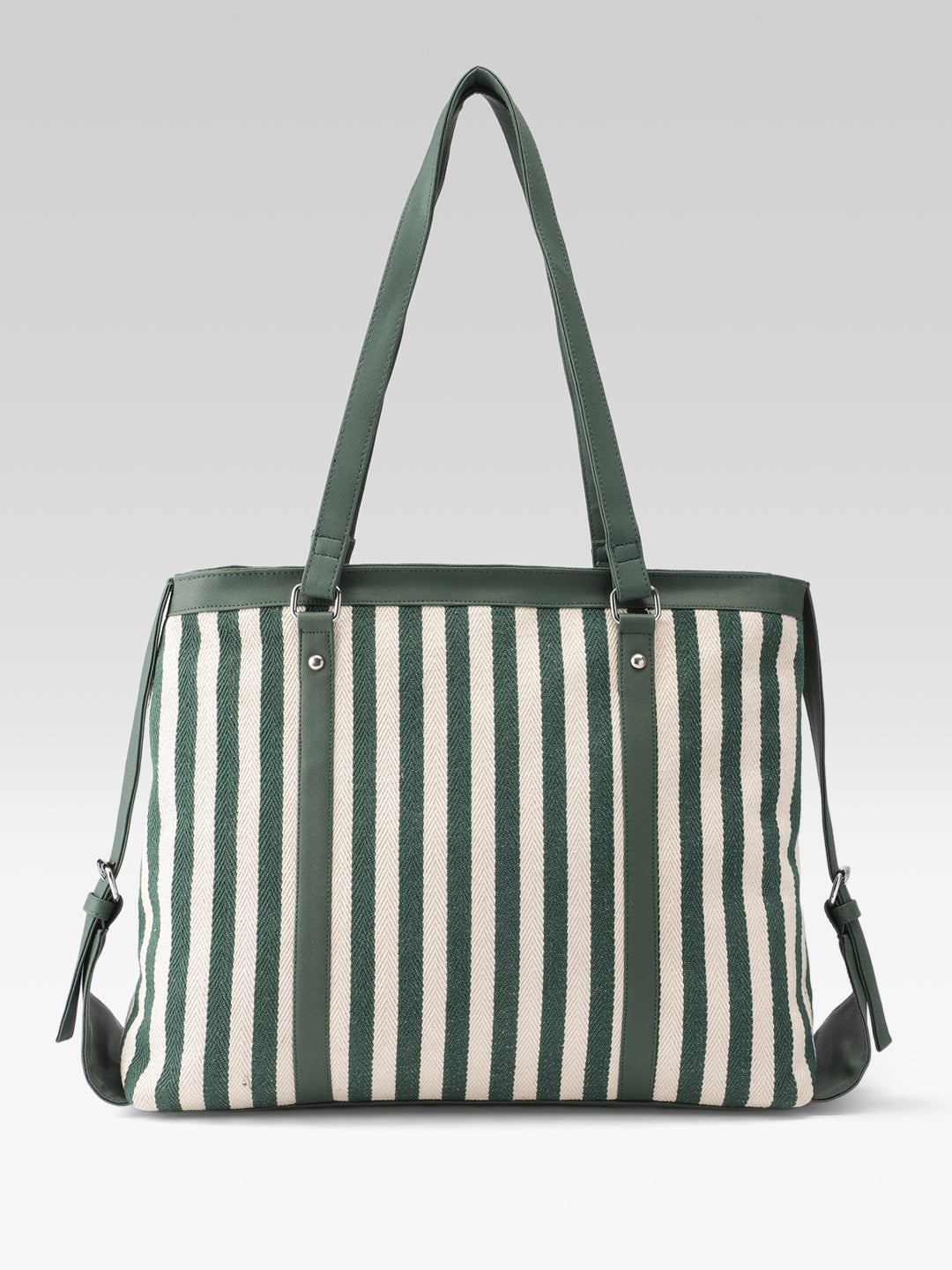 PRIMROSE Striped Canvas Tote Bag, Green and Beige, Shoulder Bag with Dual Handles
