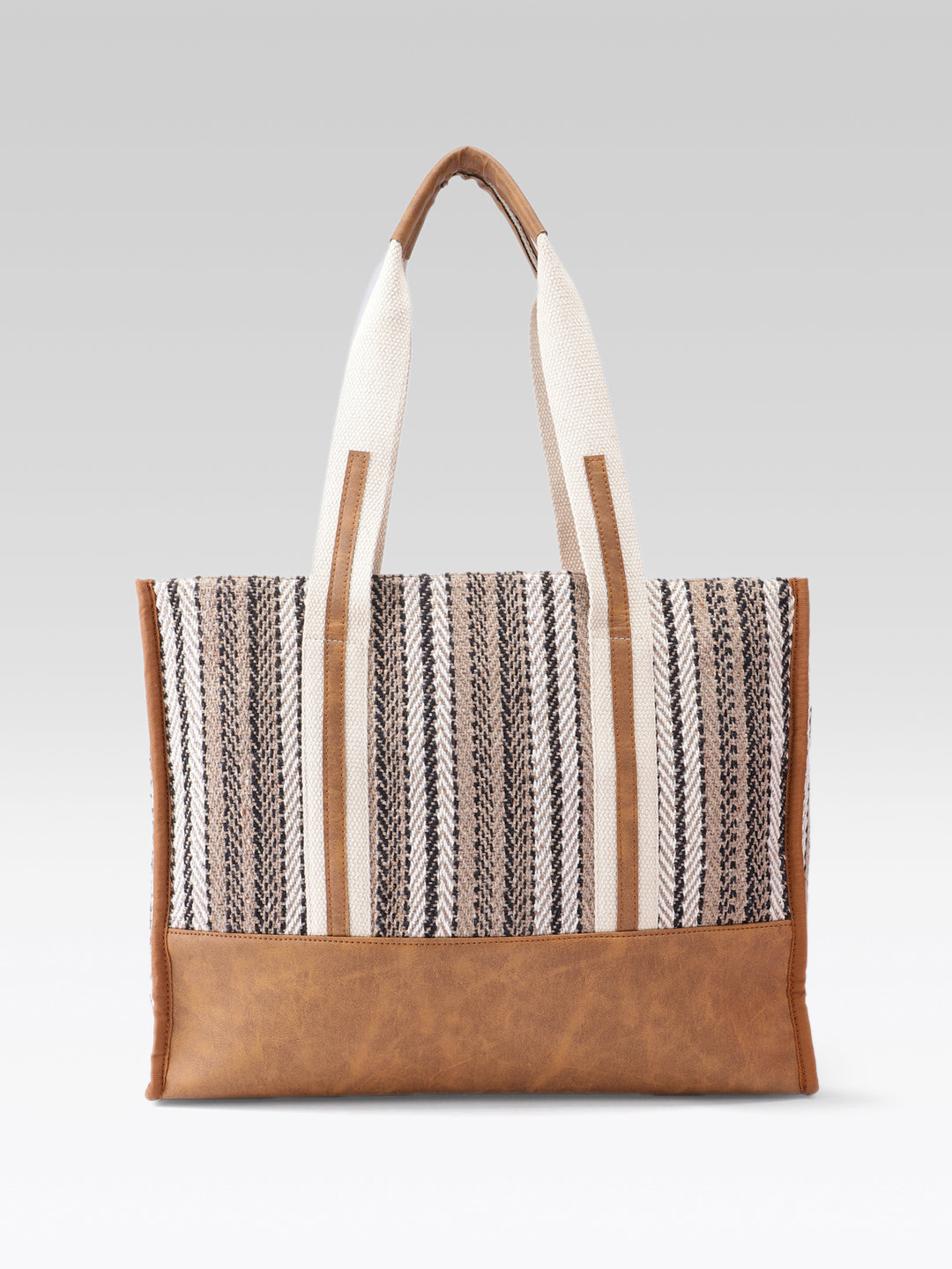 PRIMROSE Woven Tote Bag, Striped Pattern, Brown Leather Trim, Canvas Handles, Shoulder Bag