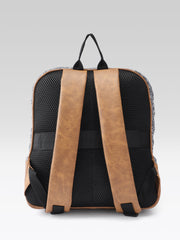 PRIMROSE Floral Print Backpack with Brown Polyvinyl Chloride Base, Grey and Beige Pattern, Casual Travel Bag