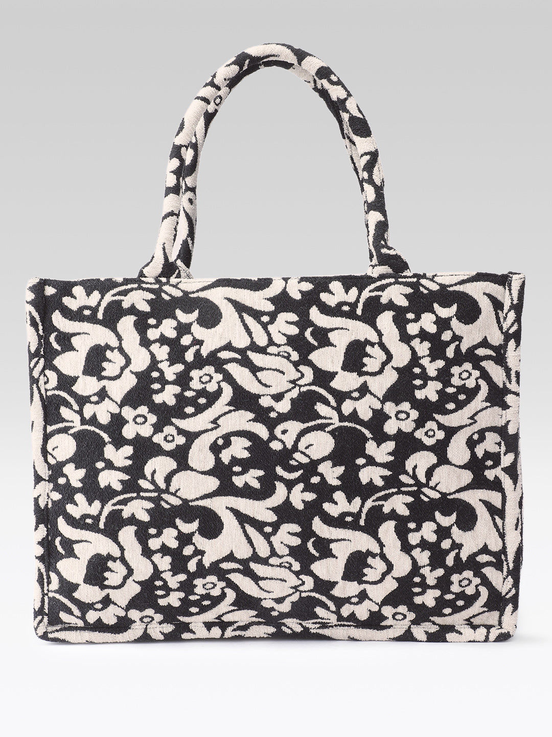 PRIMROSE Woven Tote Bag, Ethnic Print, Cotton Fabric (Black and Cream)