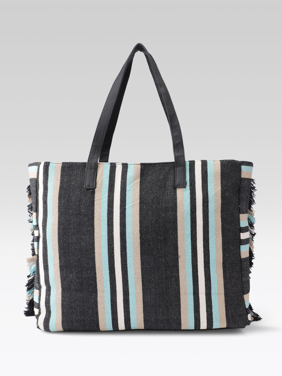 PRIMROSE Striped Beach Tote Bag, Jacquard Material, Black with Turquoise and Beige Stripes, Fringe Detail, Shoulder Straps