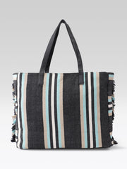 PRIMROSE Striped Beach Tote Bag, Jacquard Material, Black with Turquoise and Beige Stripes, Fringe Detail, Shoulder Straps