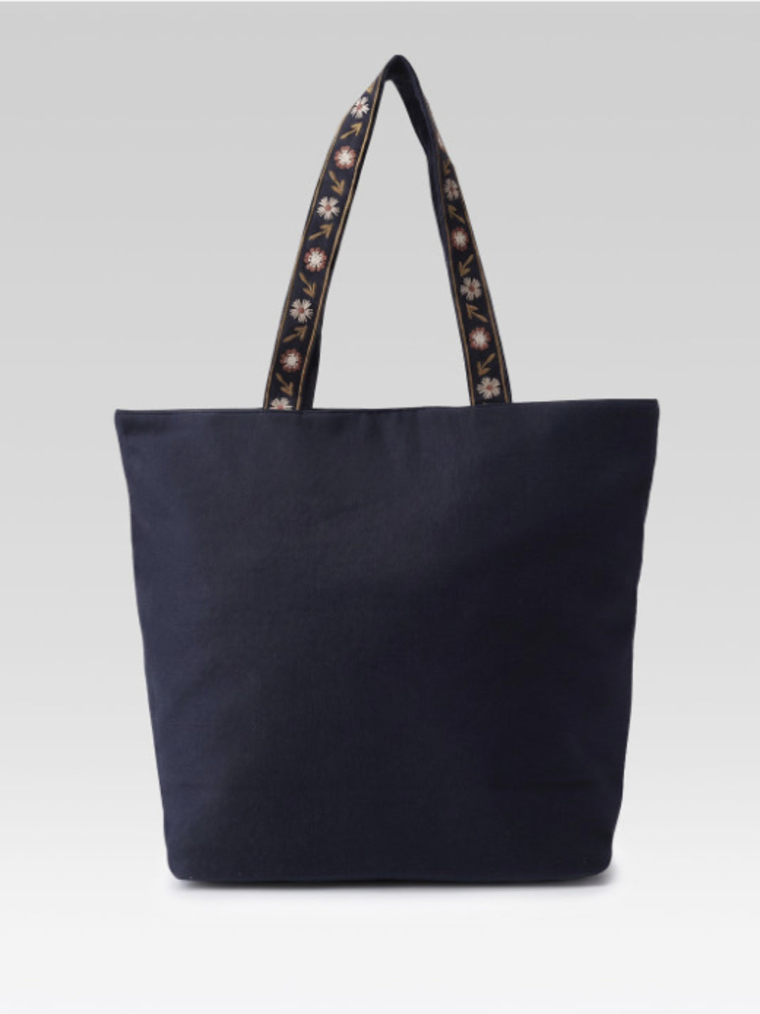 PRIMROSE Floral Embroidered Tote Bag, Navy Blue, Zipper Closure, Boho Style