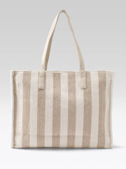 PRIMROSE Striped Tote Bag, Beige and White Vertical Stripes, Canvas Material, Shoulder Handbag with Handles
