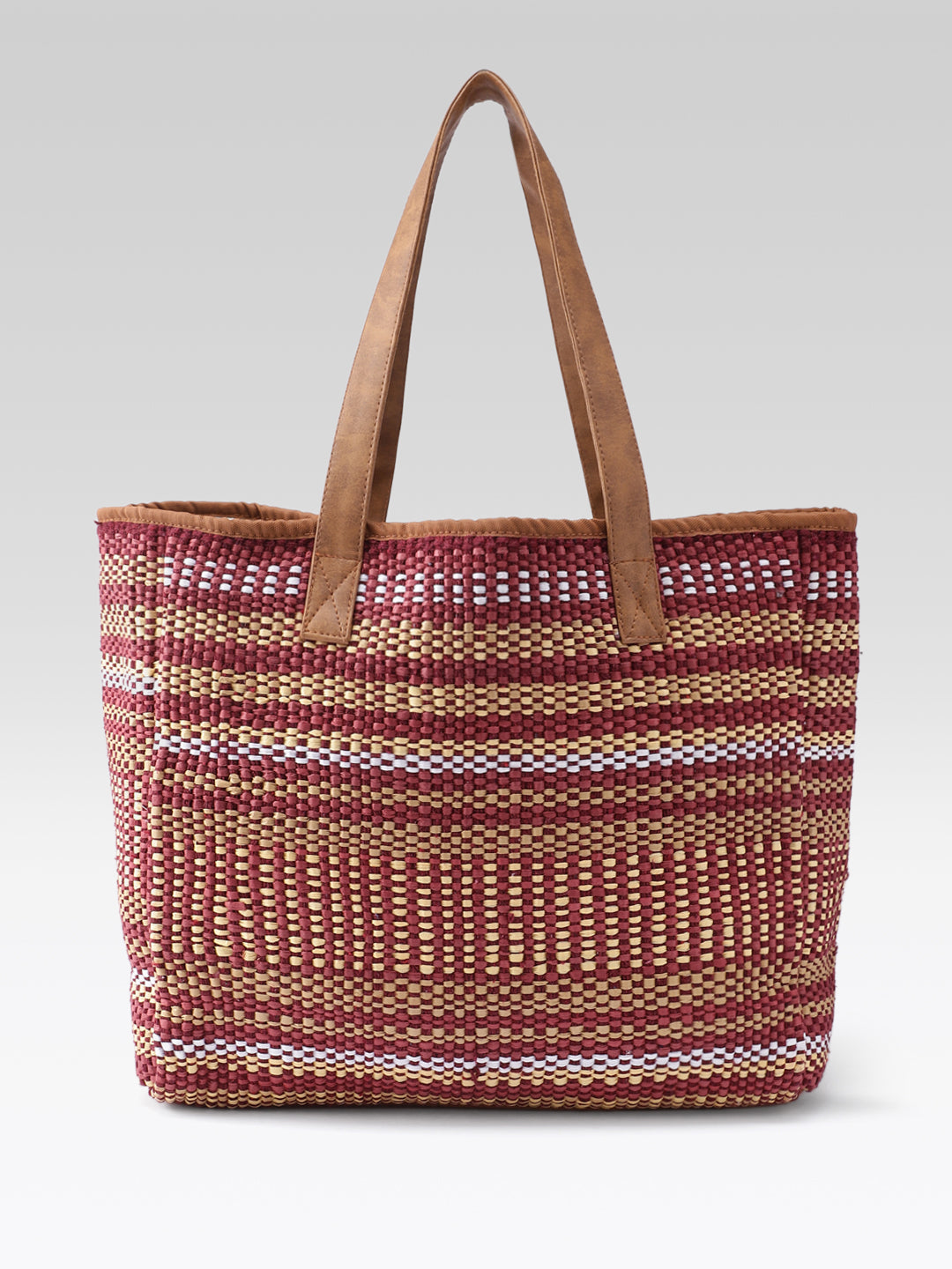 PRIMROSE Handwoven Tote Bag, Burgundy and Beige Striped Pattern