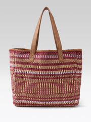 PRIMROSE Handwoven Tote Bag, Burgundy and Beige Striped Pattern